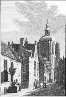 Links wellicht Het Schotse Natiehuis in de Wijngaardstraat, Isaac Tirion 1753.JPG